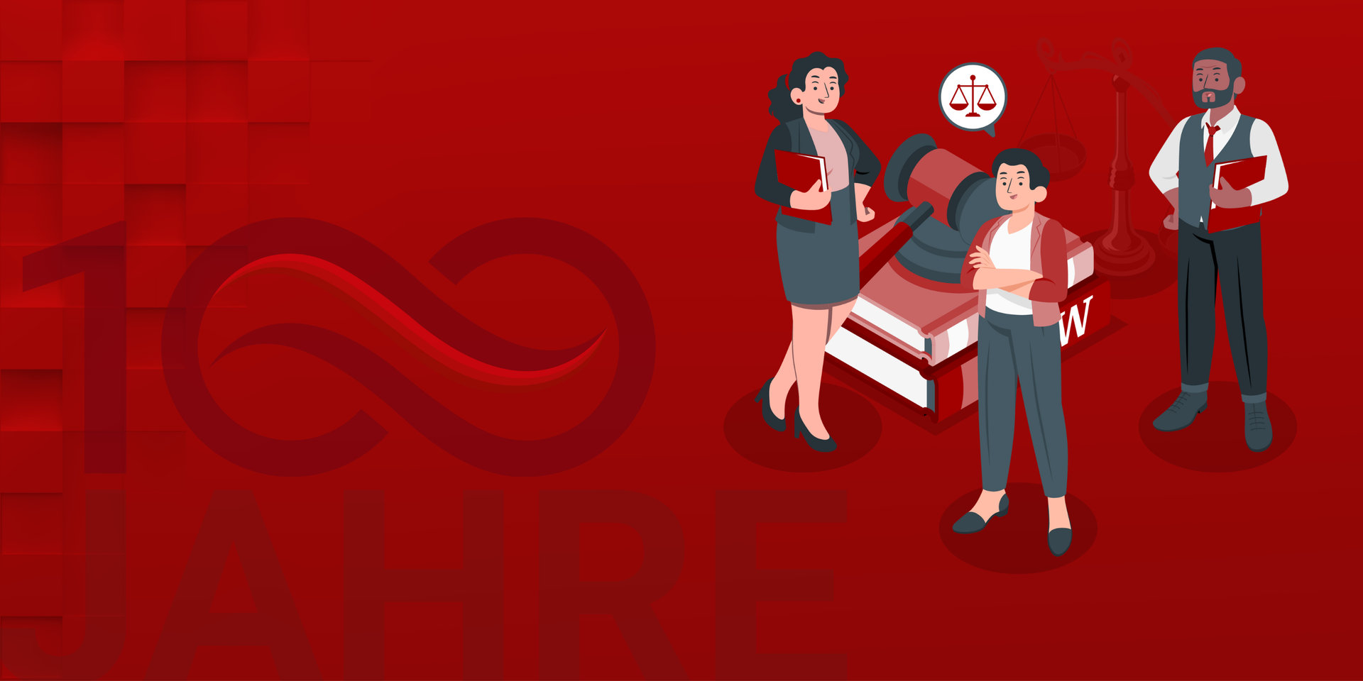 Drei Personen stehen vor einem großen Stapel Bücher, dazu Symbole des Rechtswesens wie Waage und Hammer